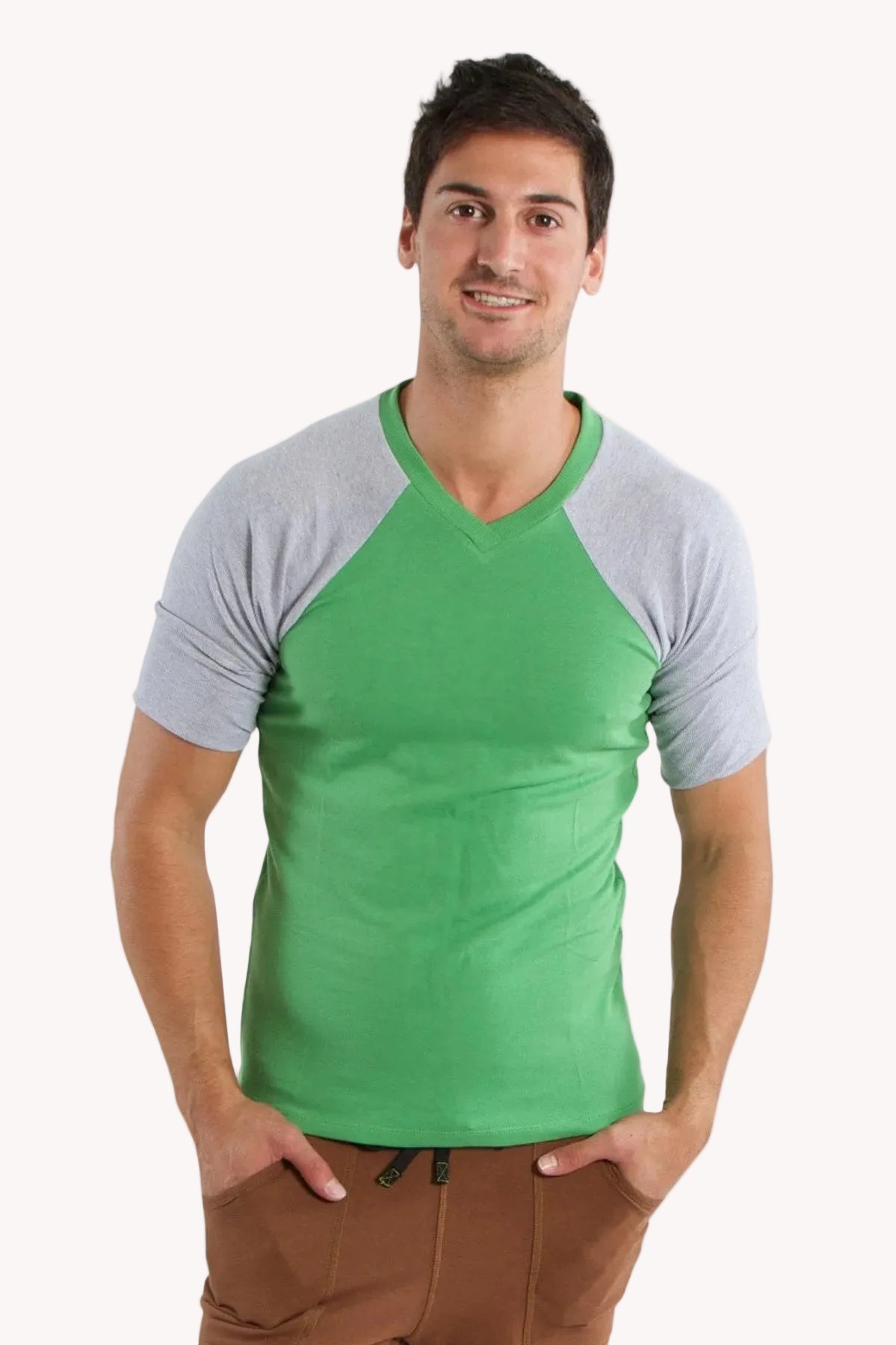 Raglan Virtual Crew-Neck Tee – Bamboo Green with Grey