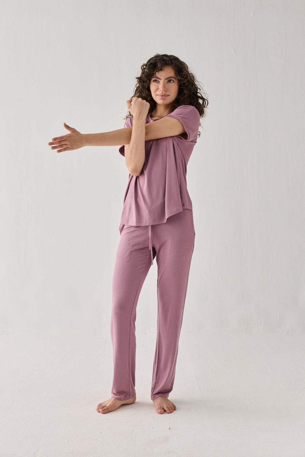 Relaxed Modal Tee & Wide-Leg Pants Set – Dusty Rose