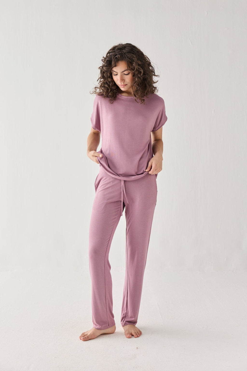Relaxed Modal Tee & Wide-Leg Pants Set – Dusty Rose