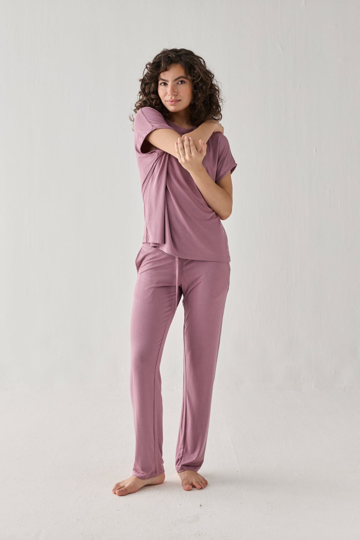 Relaxed Modal Tee & Wide-Leg Pants Set – Dusty Rose