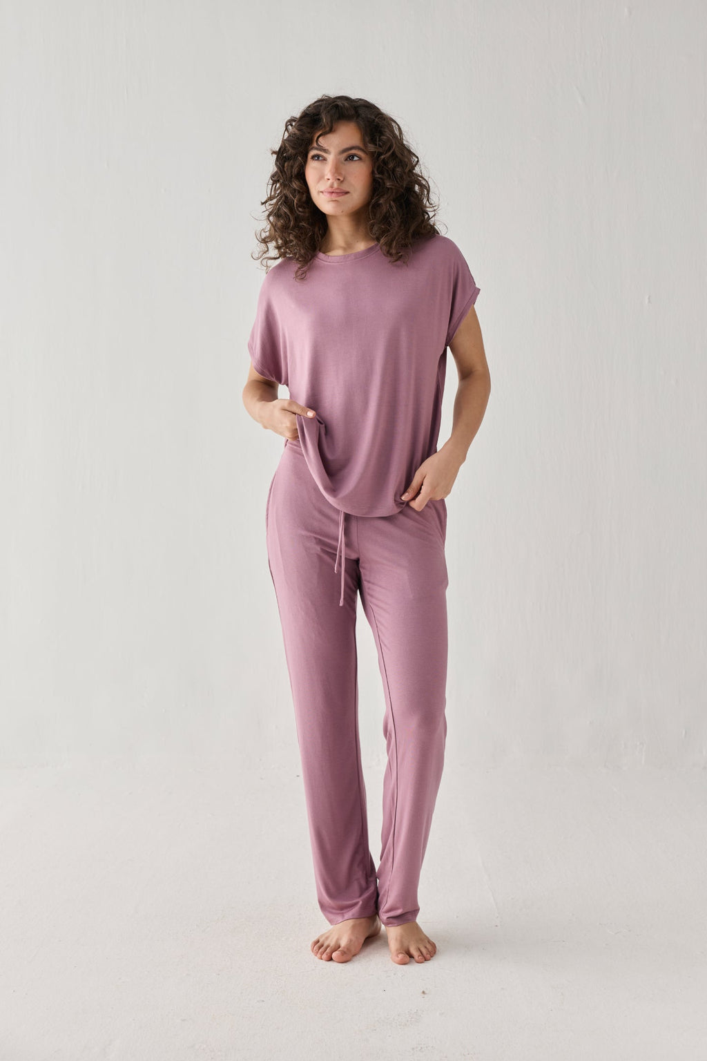 Relaxed Modal Tee & Wide-Leg Pants Set – Dusty Rose