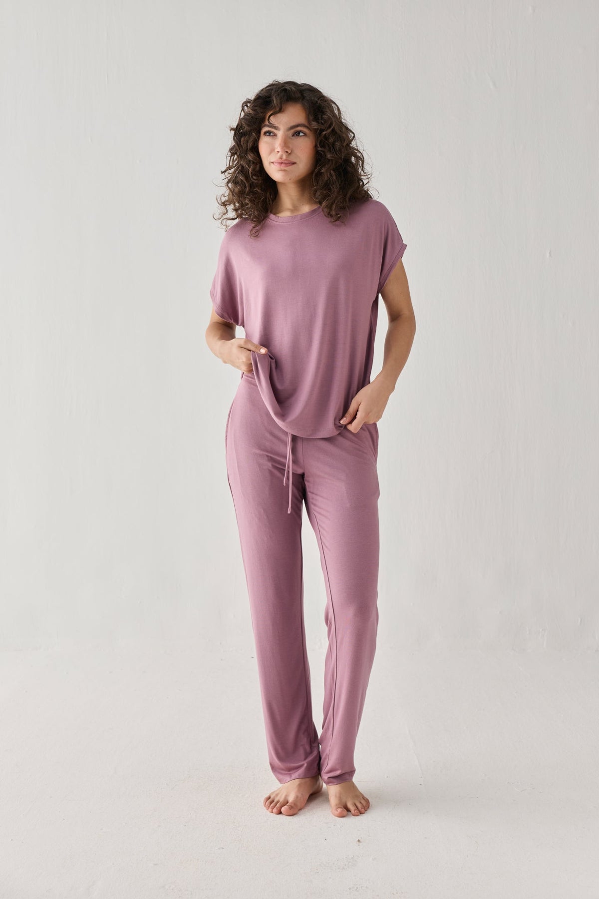 Relaxed Modal Tee & Wide-Leg Pants Set – Dusty Rose