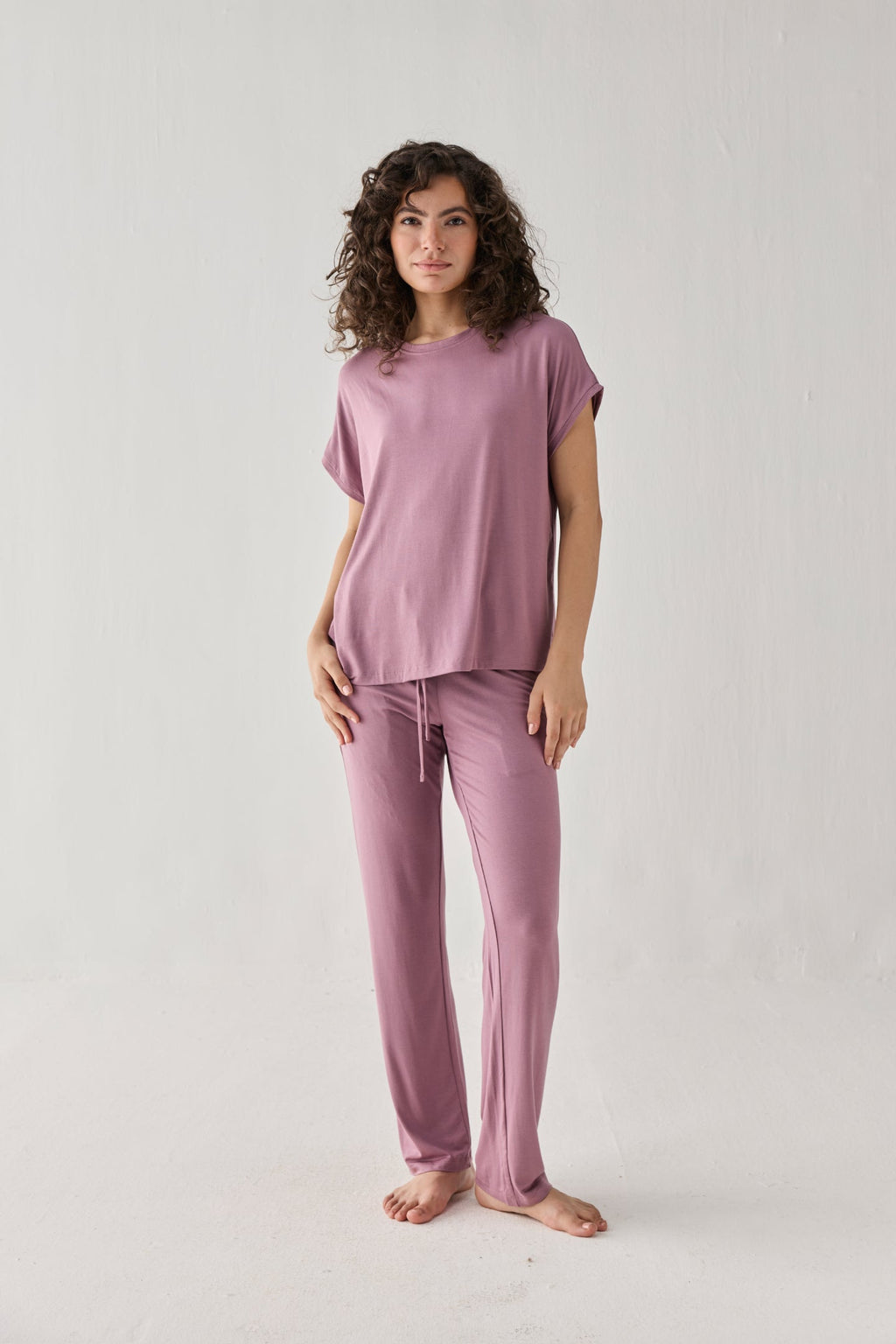 Relaxed Modal Tee & Wide-Leg Pants Set – Dusty Rose