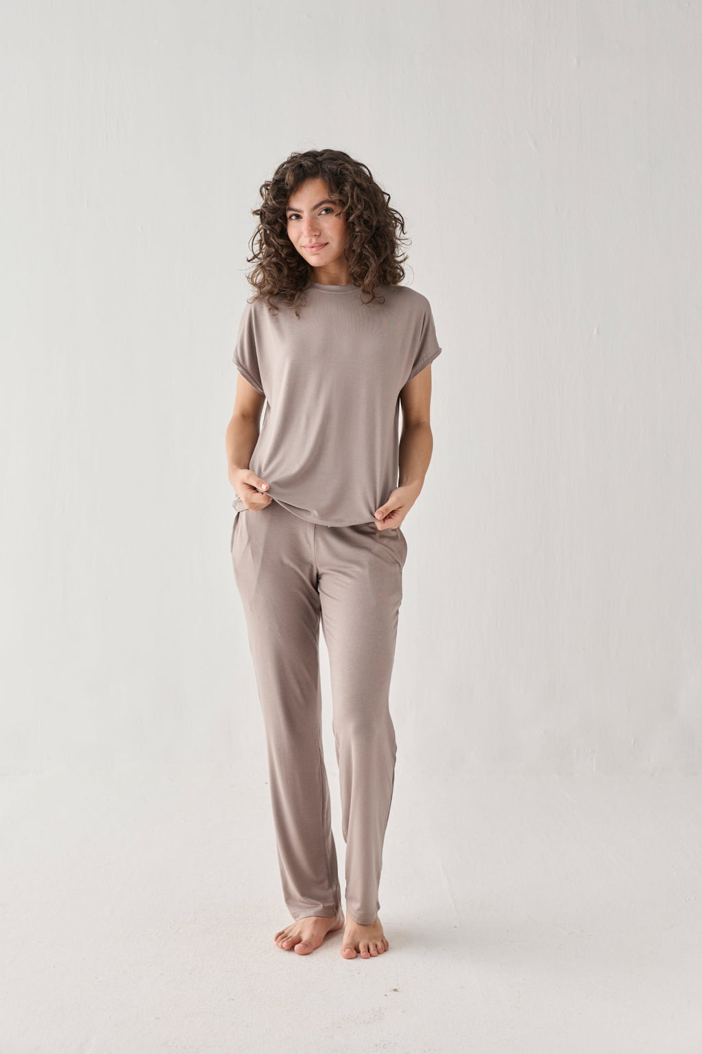 Relaxed Modal Tee & Wide-Leg Pants Set – Earth Grey