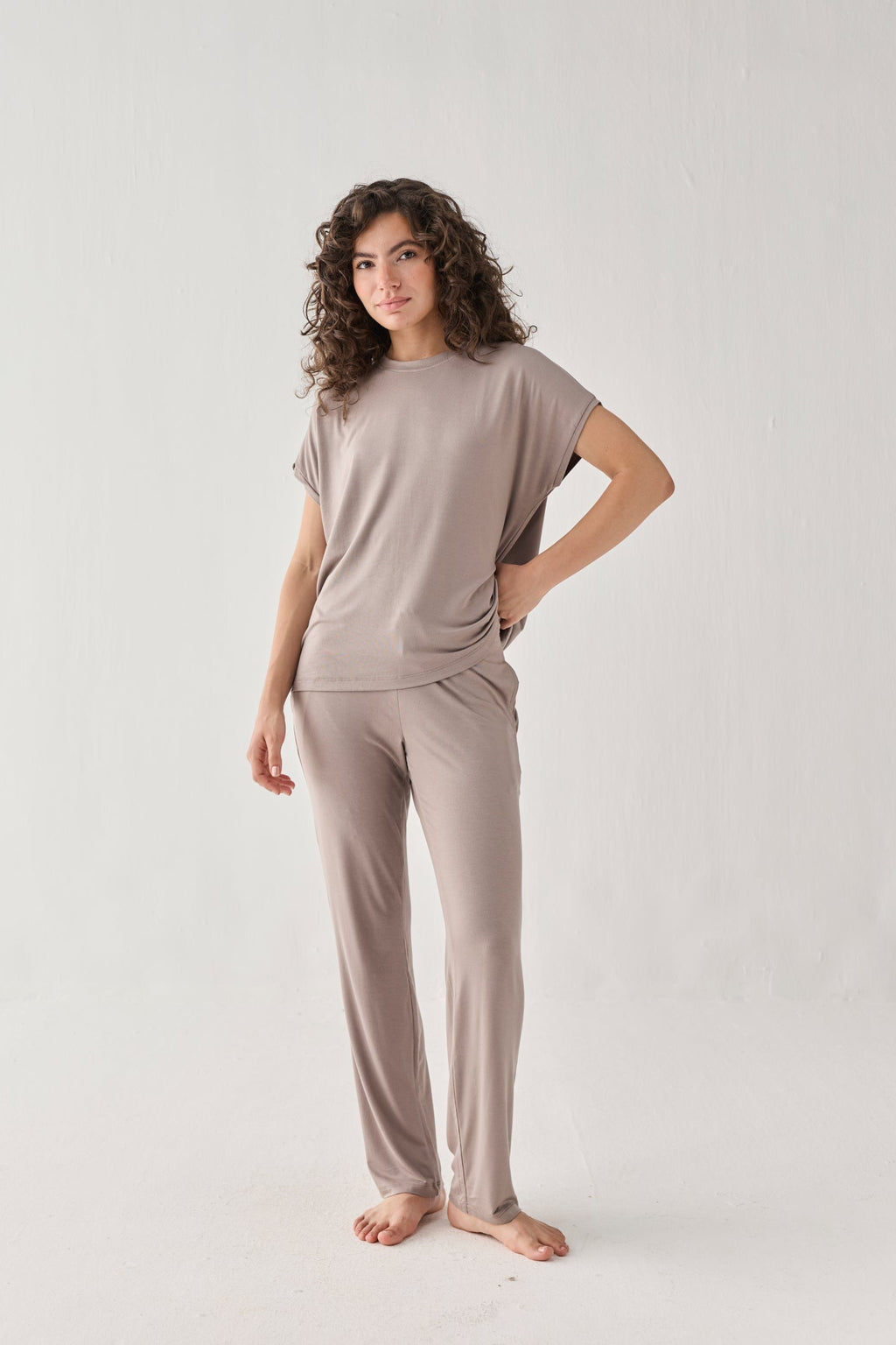 Relaxed Modal Tee & Wide-Leg Pants Set – Earth Grey