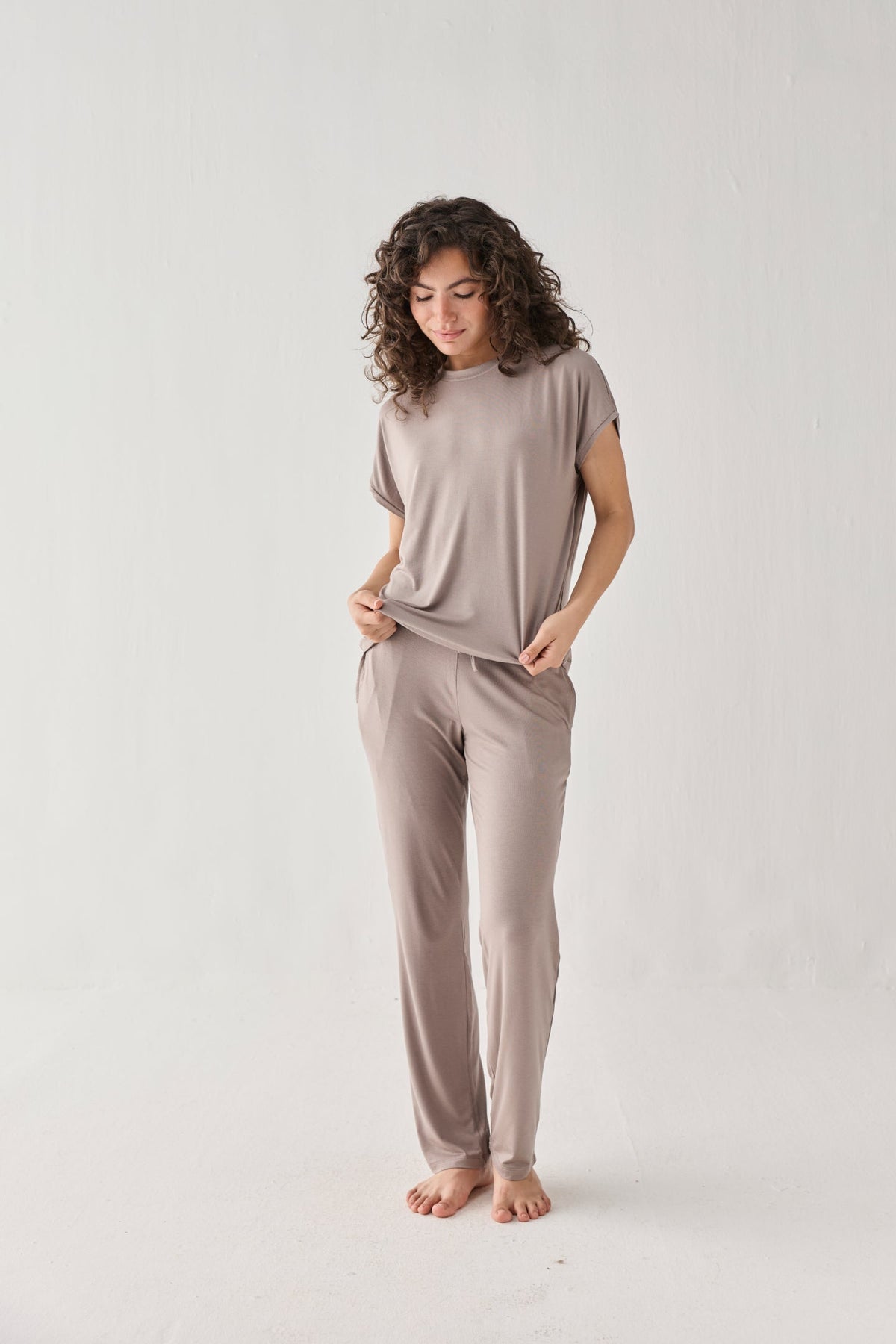 Relaxed Modal Tee & Wide-Leg Pants Set – Earth Grey