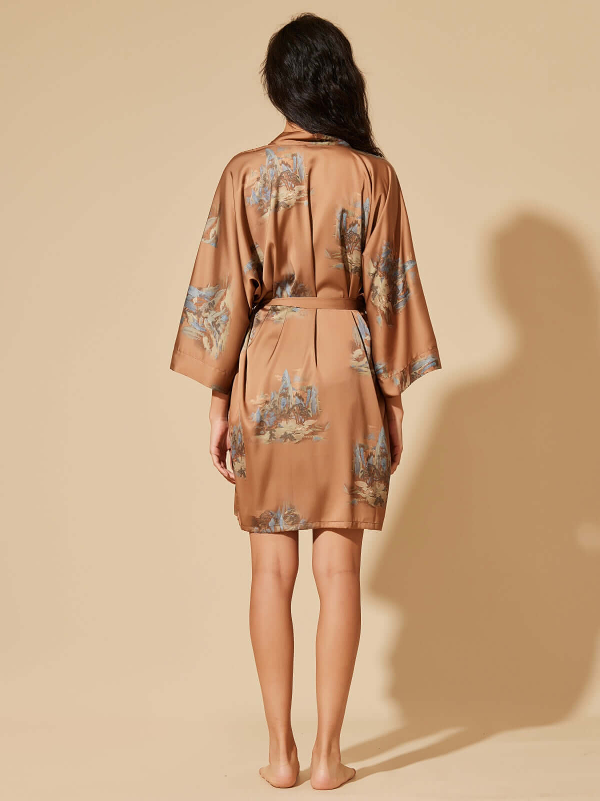 Landscape Print Short Kimono Robe – Brown