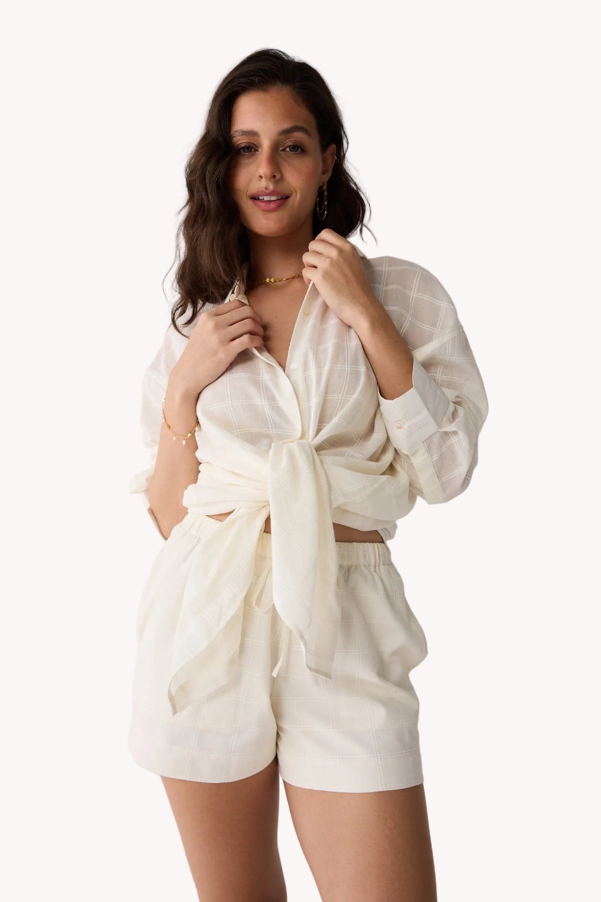 Textured Cotton Oversized Shirt & Shorts Set – Off-White