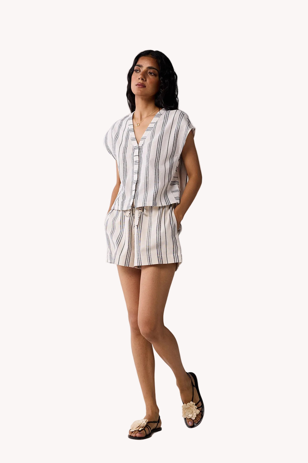 Striped Organic Cotton V-Neck Top & Shorts Set