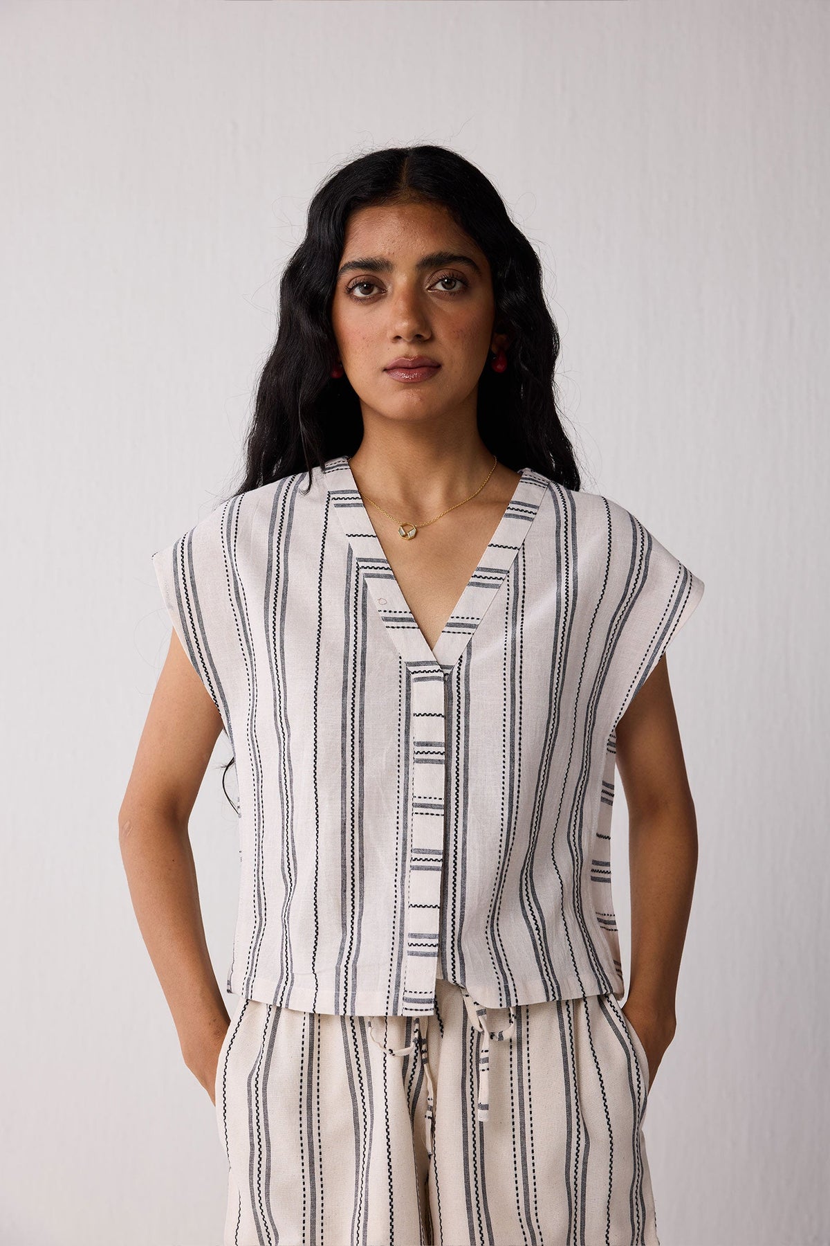 Striped Organic Cotton V-Neck Top & Shorts Set