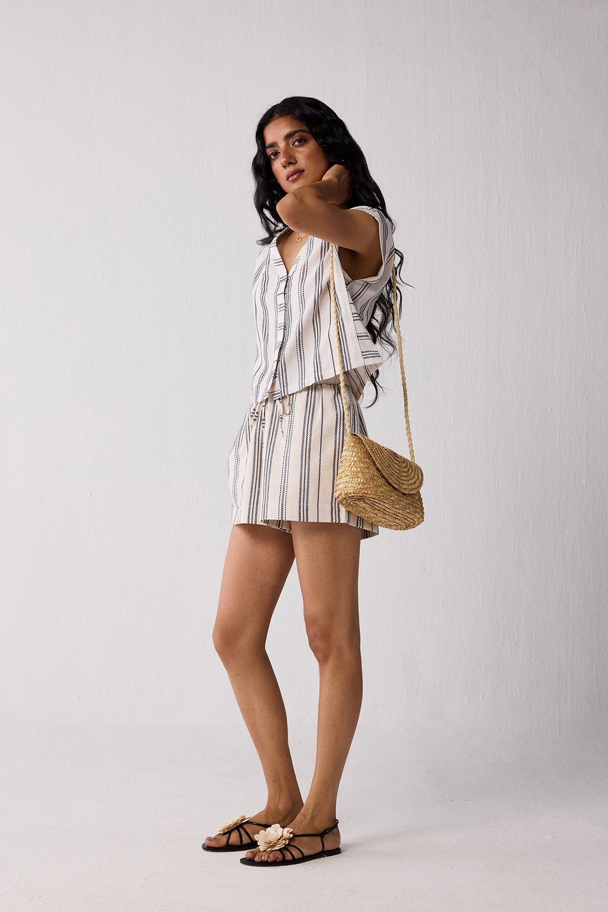 Striped Organic Cotton V-Neck Top & Shorts Set