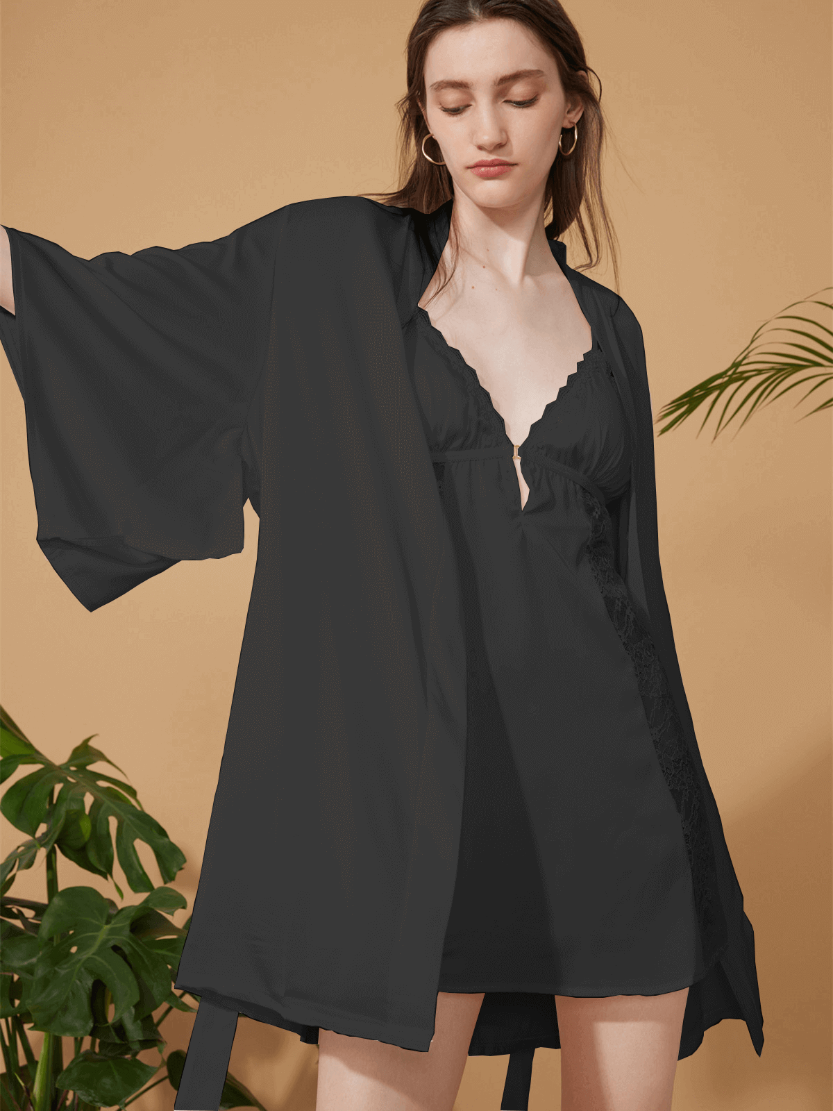 Short Robe & Lace Dress 2-Piece Pajama Set