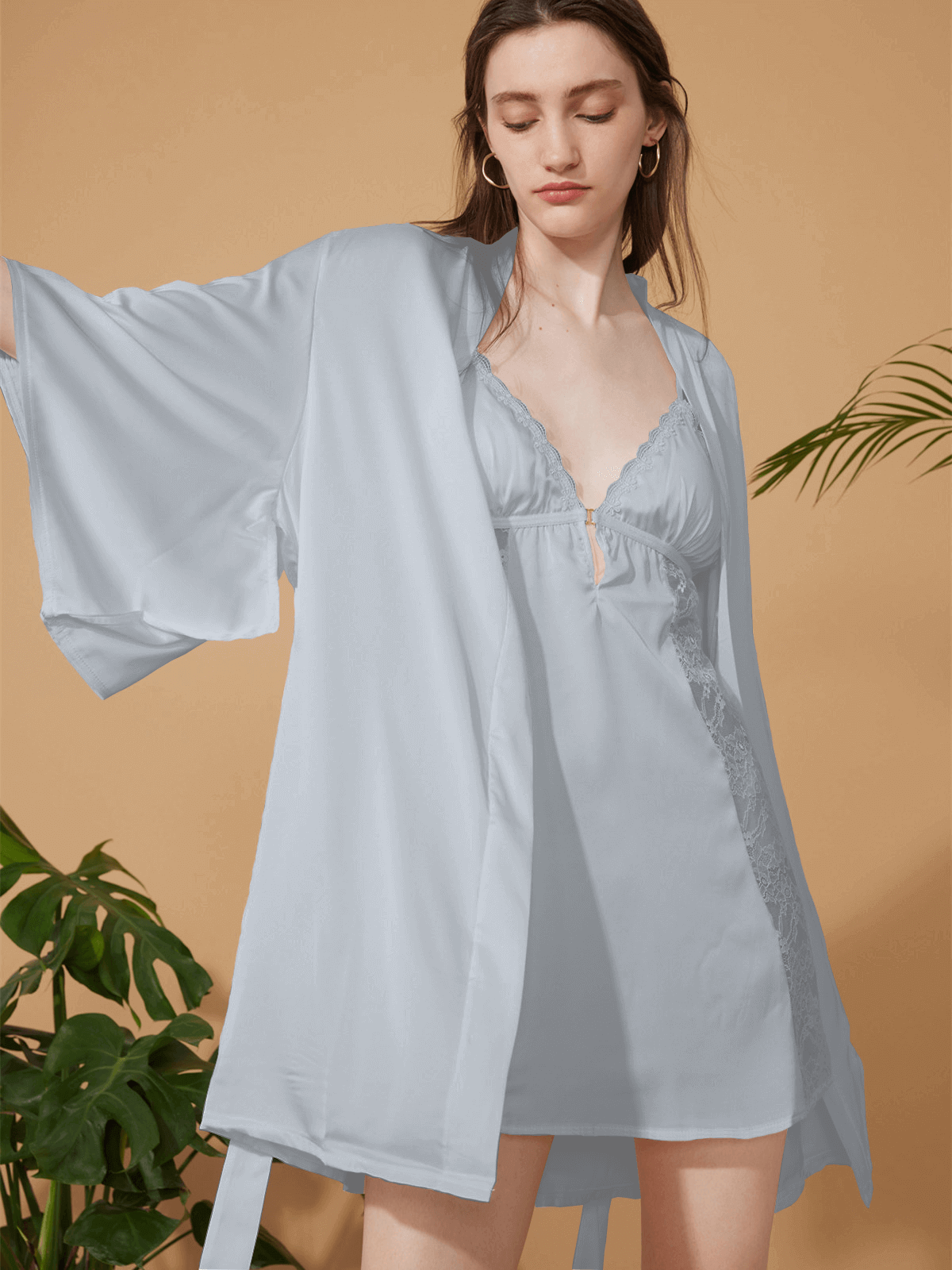 Short Robe & Lace Dress 2-Piece Pajama Set