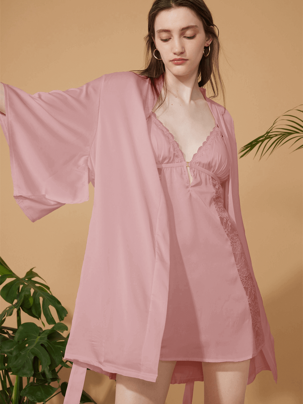 Short Robe & Lace Dress 2-Piece Pajama Set