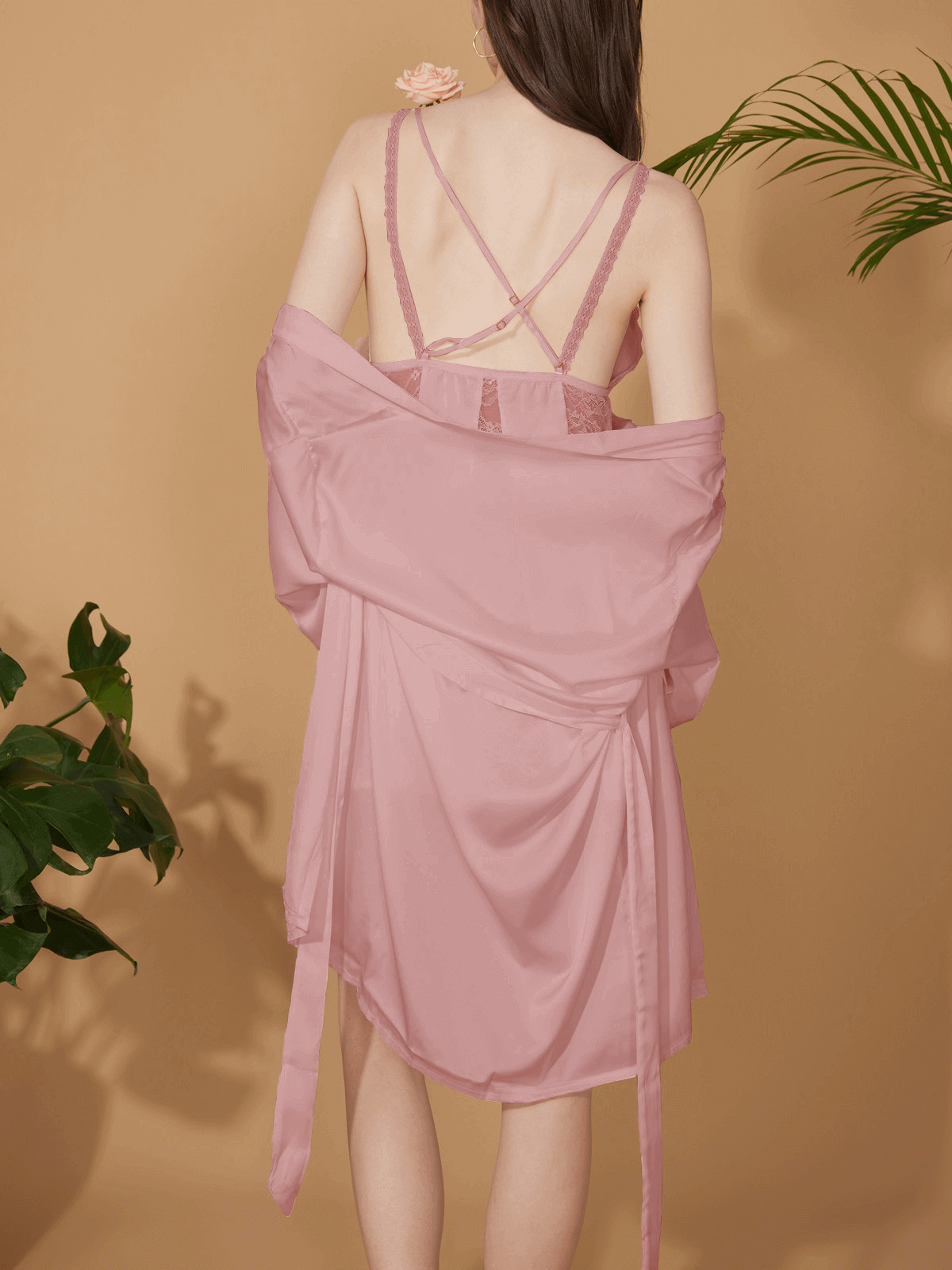 Short Robe & Lace Dress 2-Piece Pajama Set