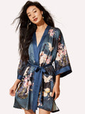 Crane & Blossom Print Short Kimono Robe