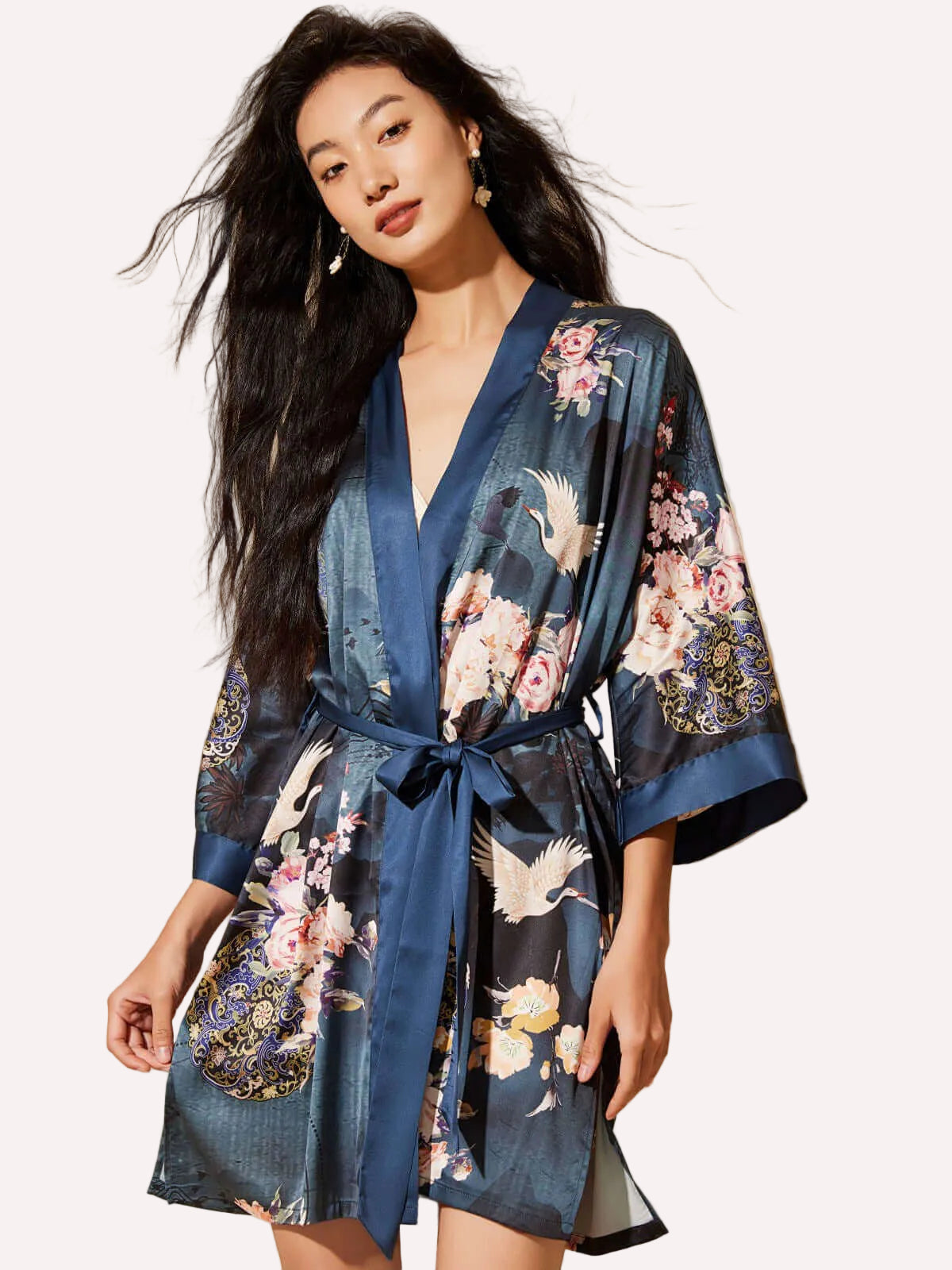 Crane & Blossom Print Short Kimono Robe