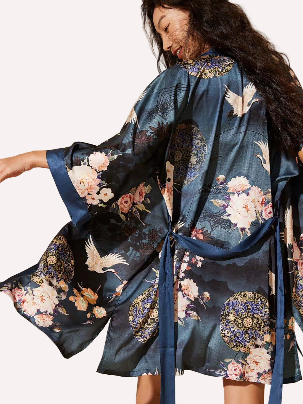 Crane & Blossom Print Short Kimono Robe