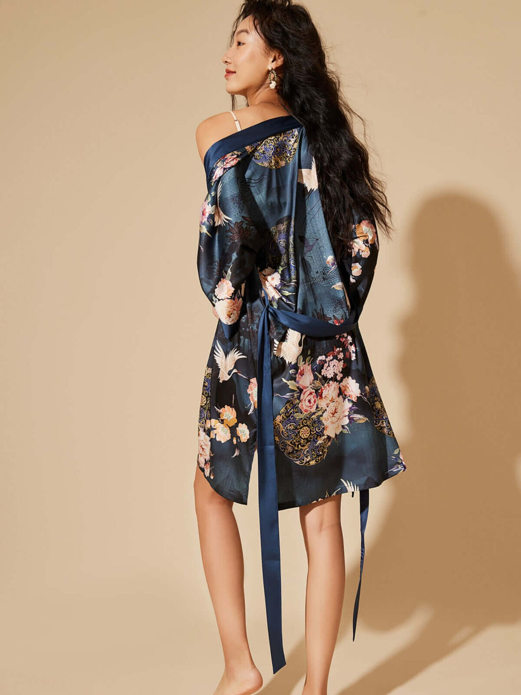 Crane & Blossom Print Short Kimono Robe
