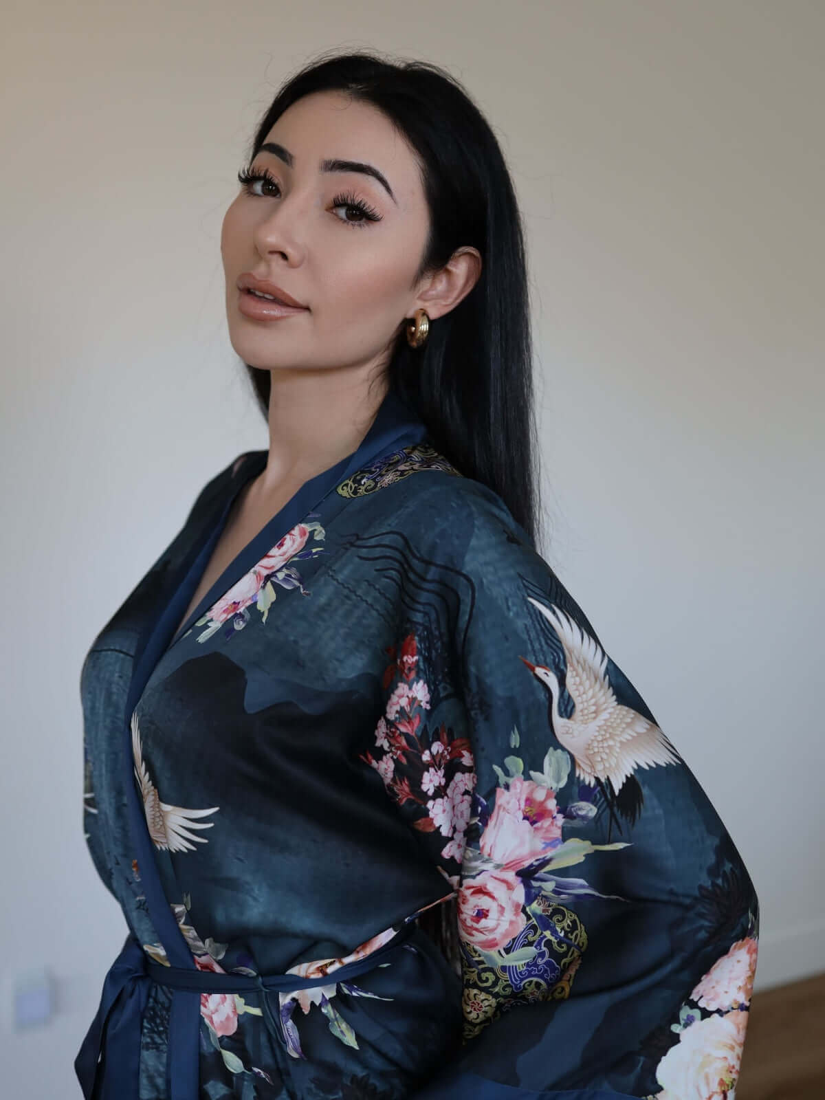 Crane & Blossom Print Short Kimono Robe