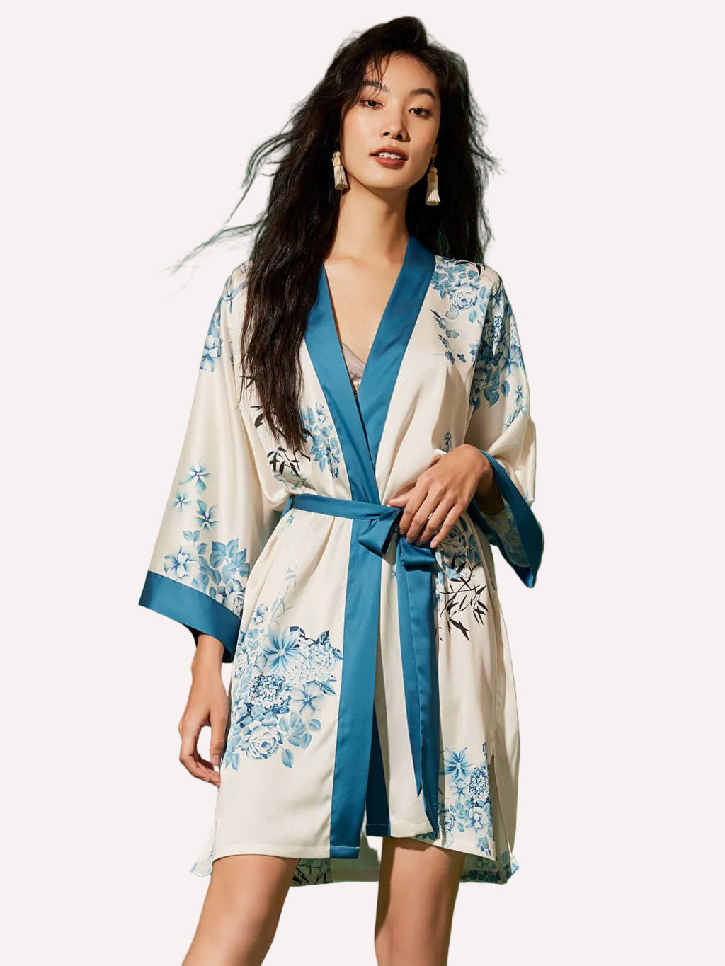 Bamboo Print Short Kimono Robe – Blue
