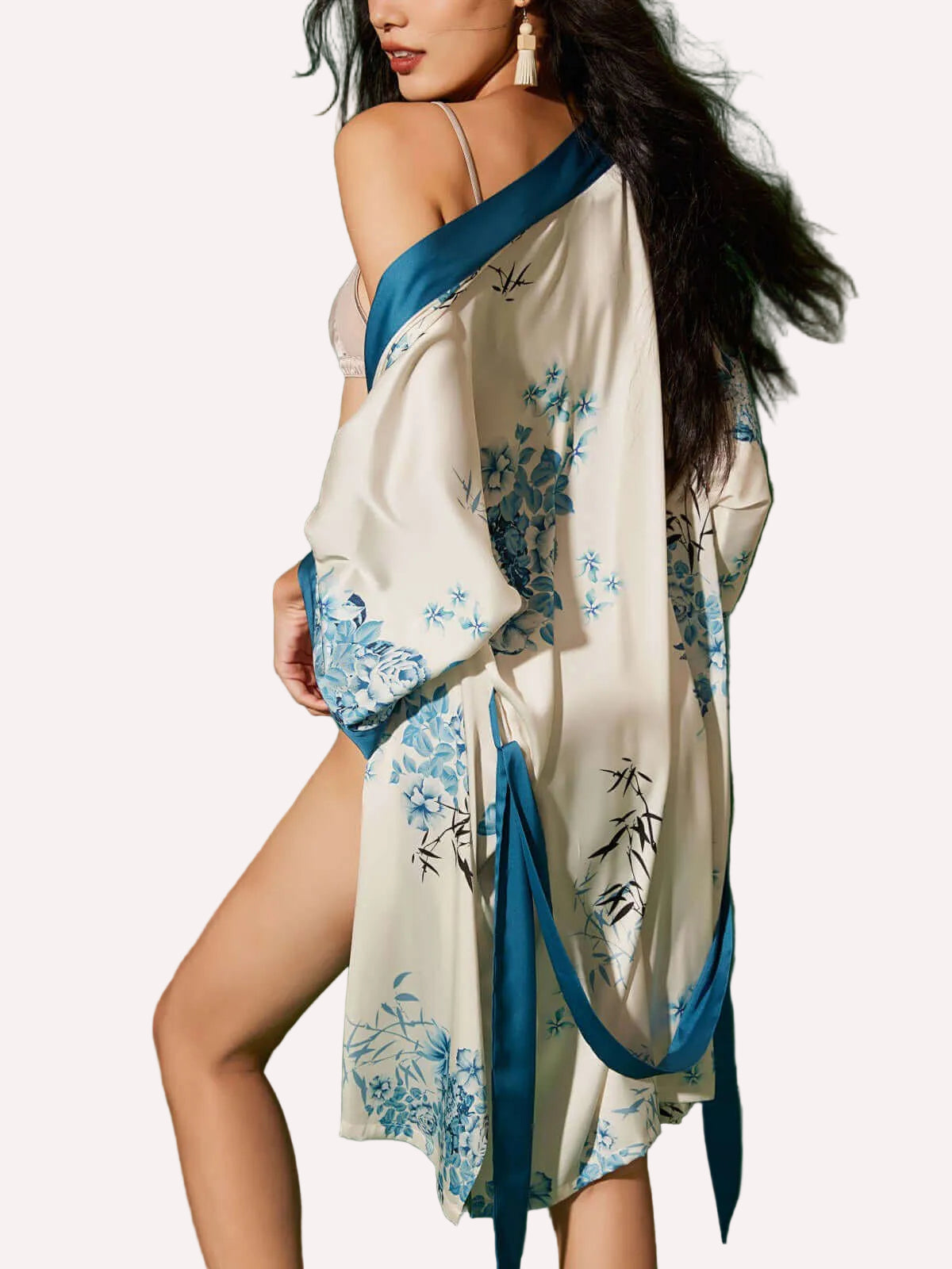 Bamboo Print Short Kimono Robe – Blue