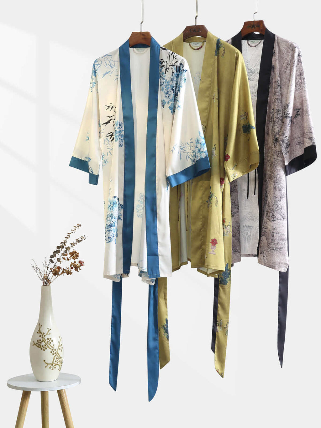 Bamboo Print Short Kimono Robe – Blue