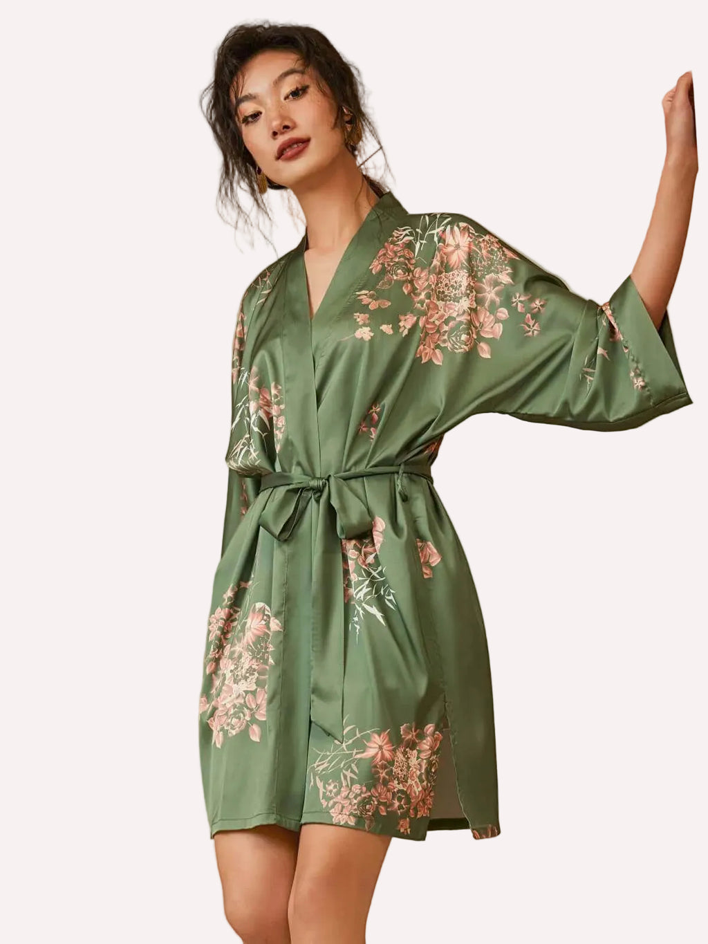 Bamboo Print Short Kimono Robe – Olive
