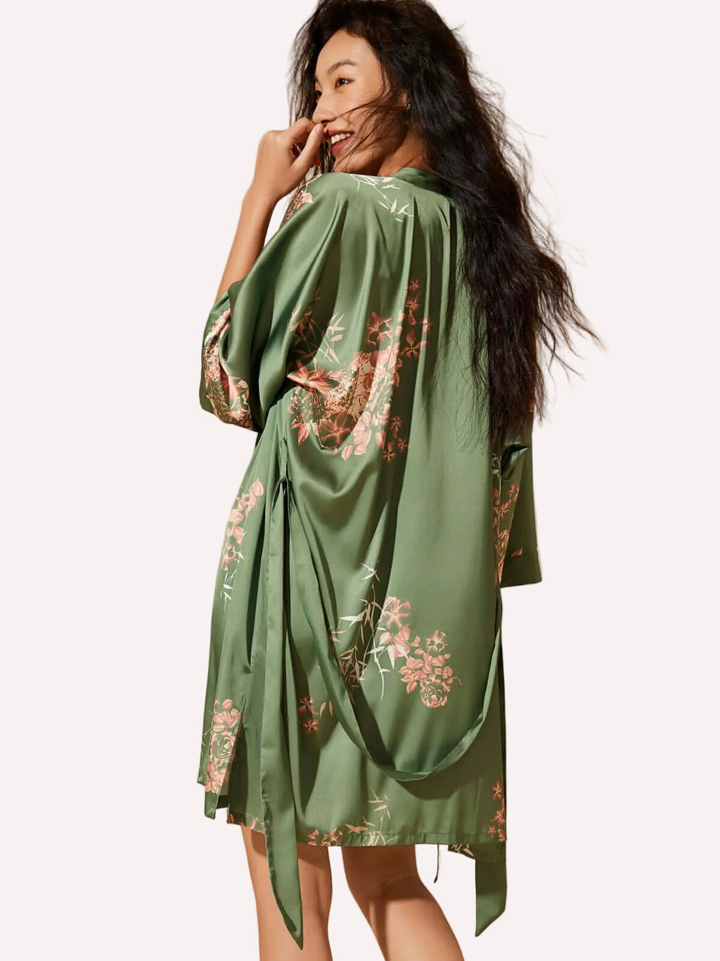 Bamboo Print Short Kimono Robe – Olive