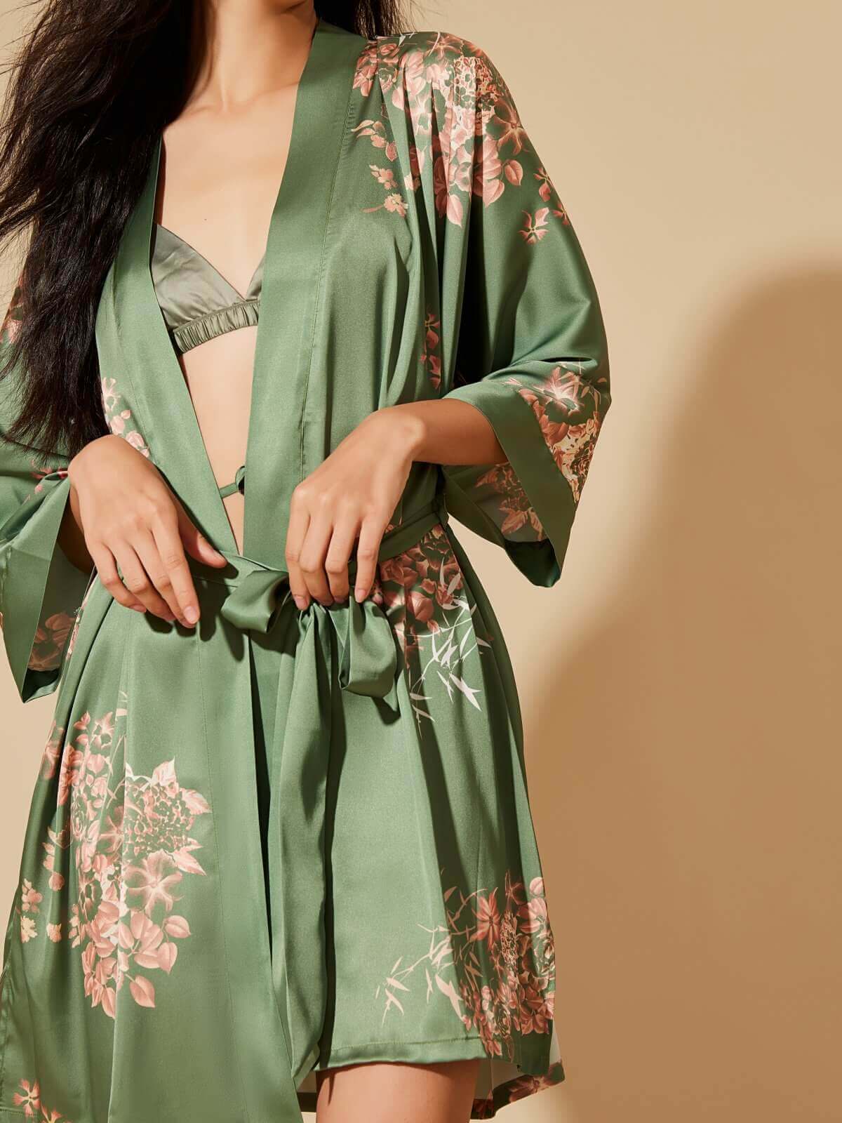 Bamboo Print Short Kimono Robe – Olive