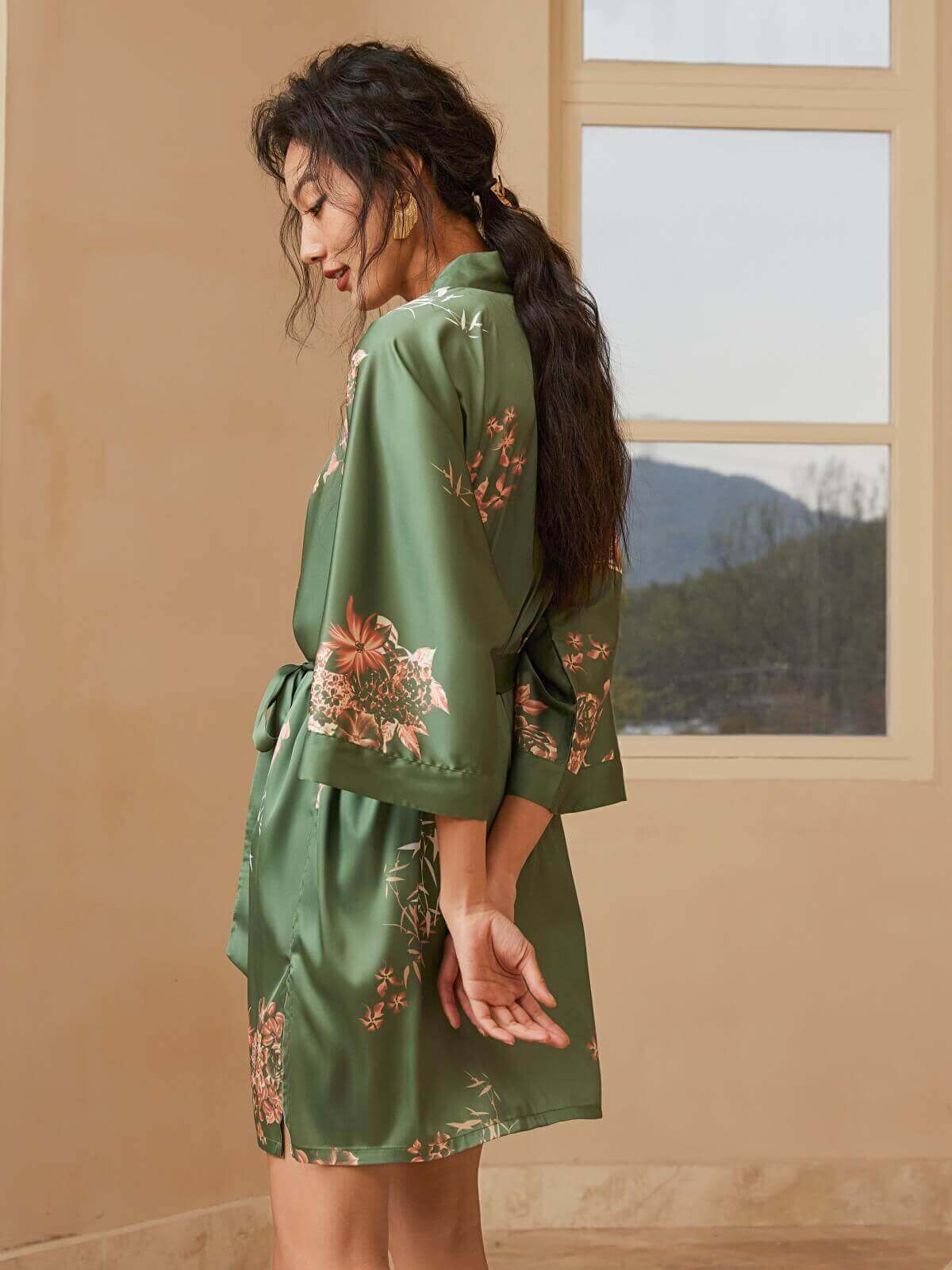Bamboo Print Short Kimono Robe – Olive