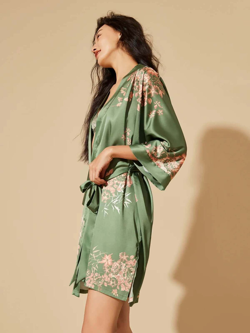 Bamboo Print Short Kimono Robe – Olive