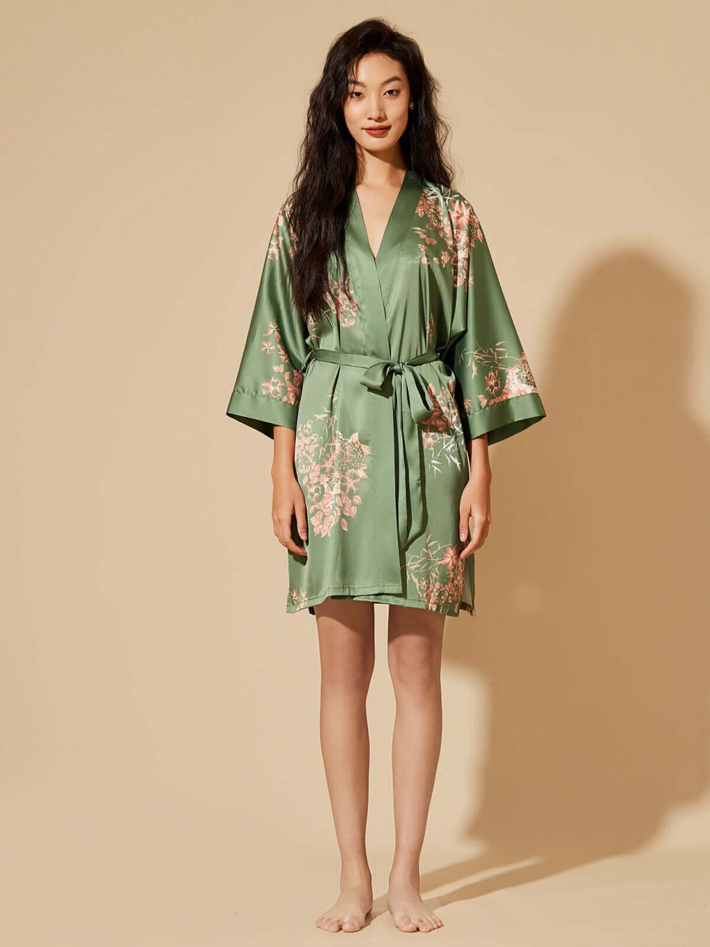 Bamboo Print Short Kimono Robe – Olive
