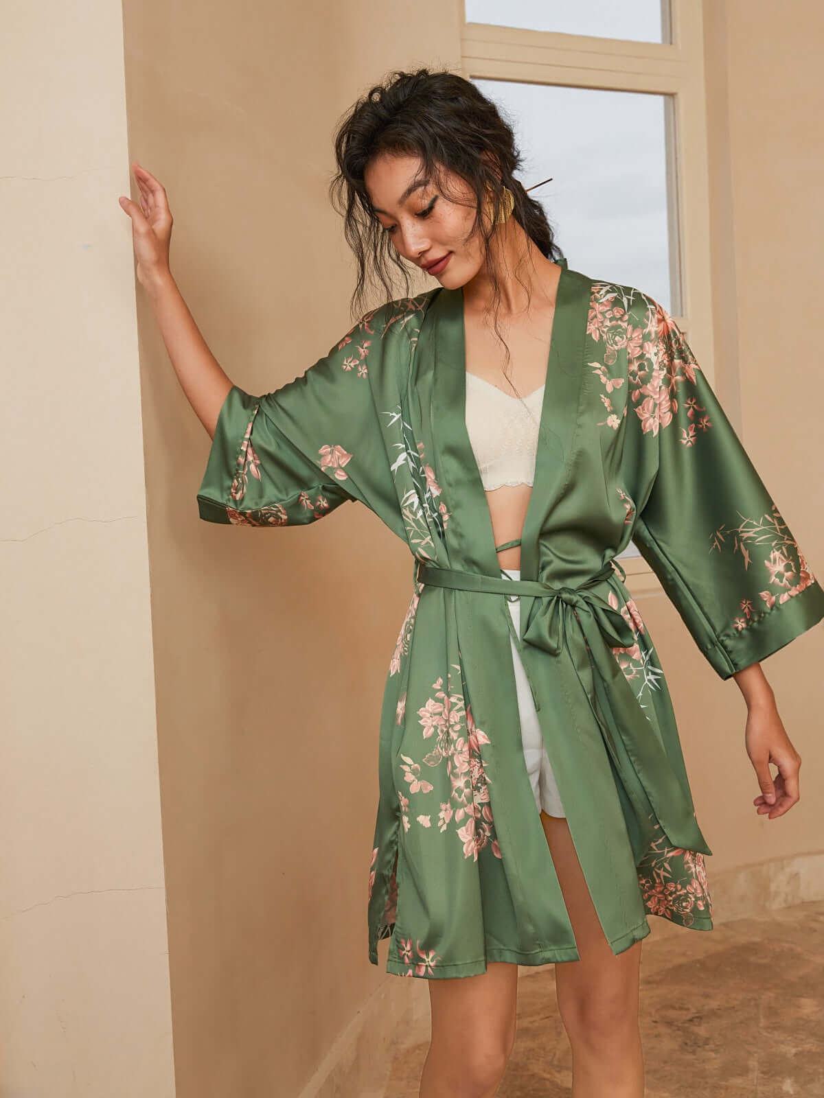 Bamboo Print Short Kimono Robe – Olive