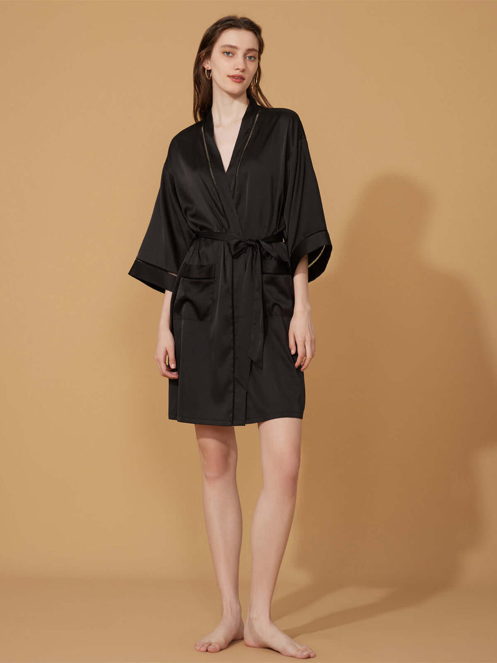 Hollow-Out Detail Short Robe with Pockets