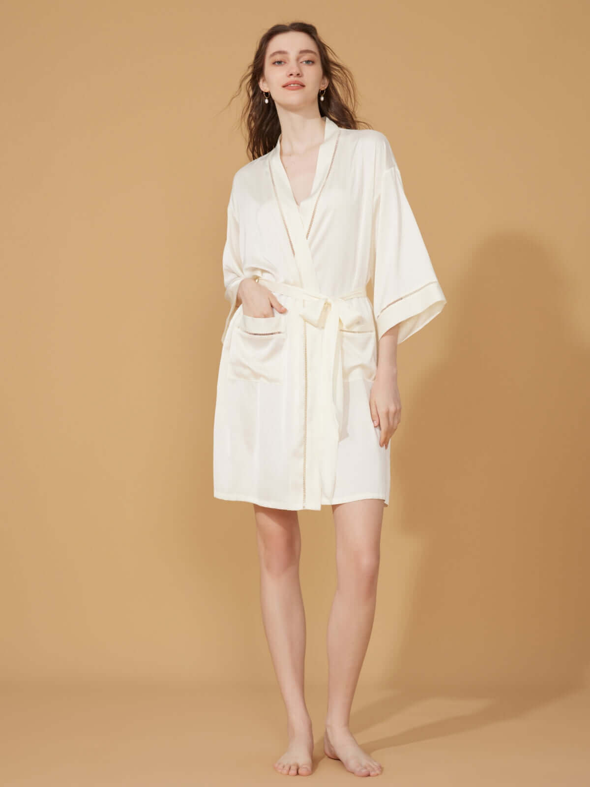 Hollow-Out Detail Short Robe with Pockets