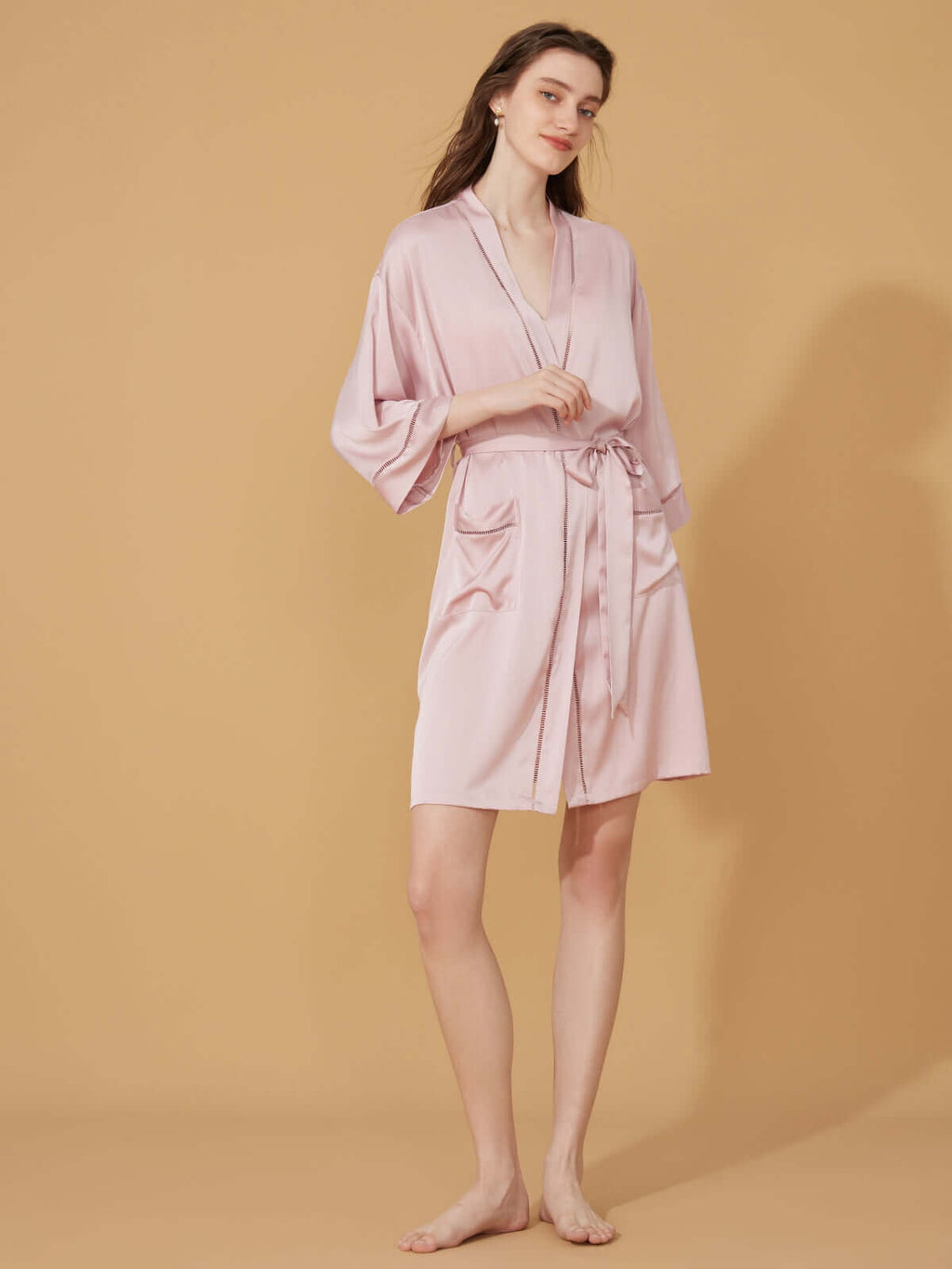 Hollow-Out Detail Short Robe with Pockets