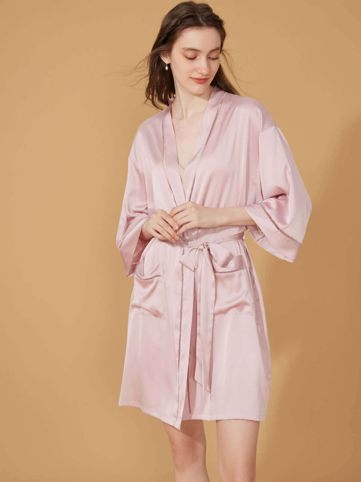 Hollow-Out Detail Short Robe with Pockets