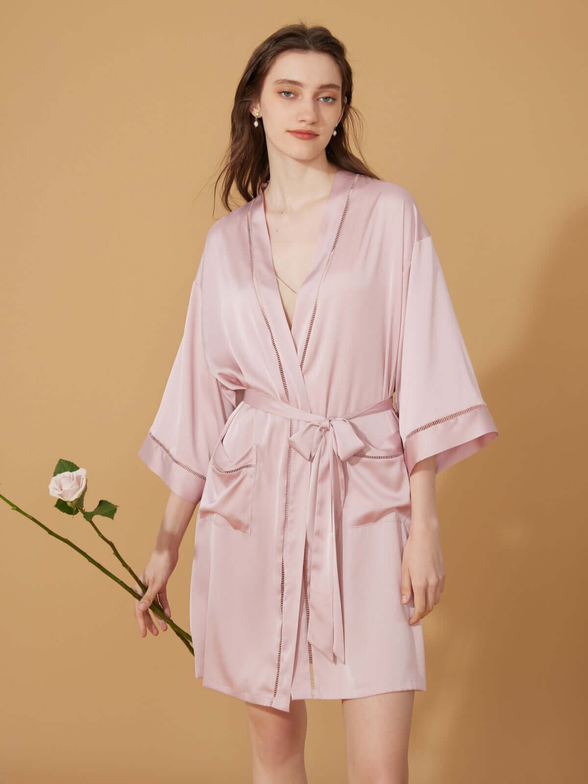 Hollow-Out Detail Short Robe with Pockets